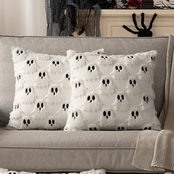 Halloween Ghost Pillow Covers MIULE Set of 2 Plush Faux Fur Throw Cushions 18x18 - Picture 1 of 6